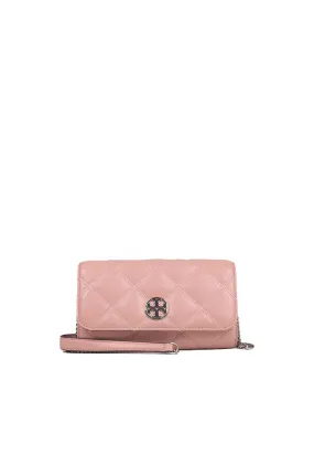 ( AS IS ) Tory Burch Willa Crossbody Glazed Chain Wallet In Rose Sachet 156095