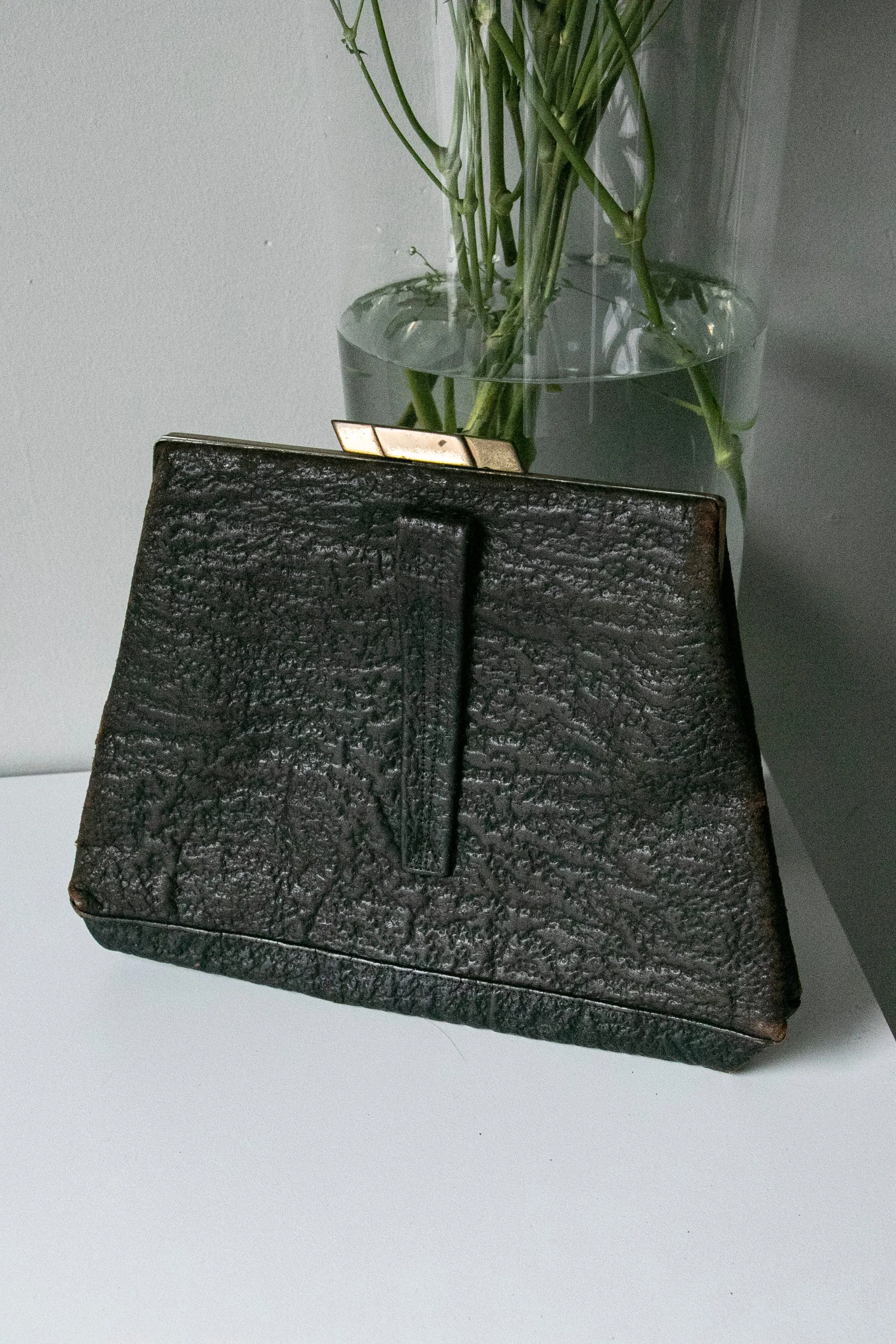 1950s Purse Black Leather Deco Clutch Bag