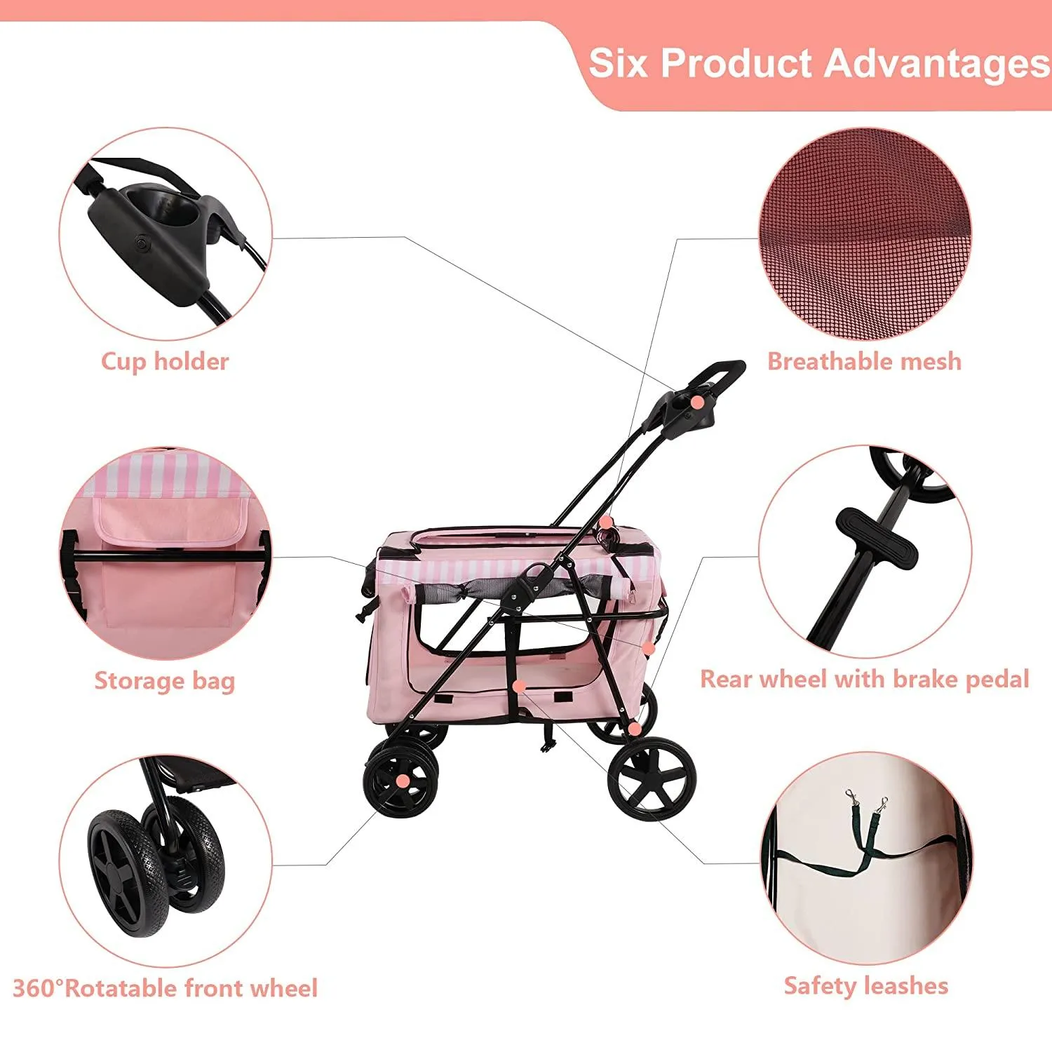 3-in-1 Folding Travel Pet Carrier Dog Cat Stroller with Water Cup Holder, Pink