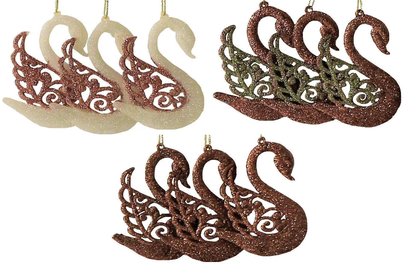 3-Pack of Rose Gold Glitter Swan Ornaments