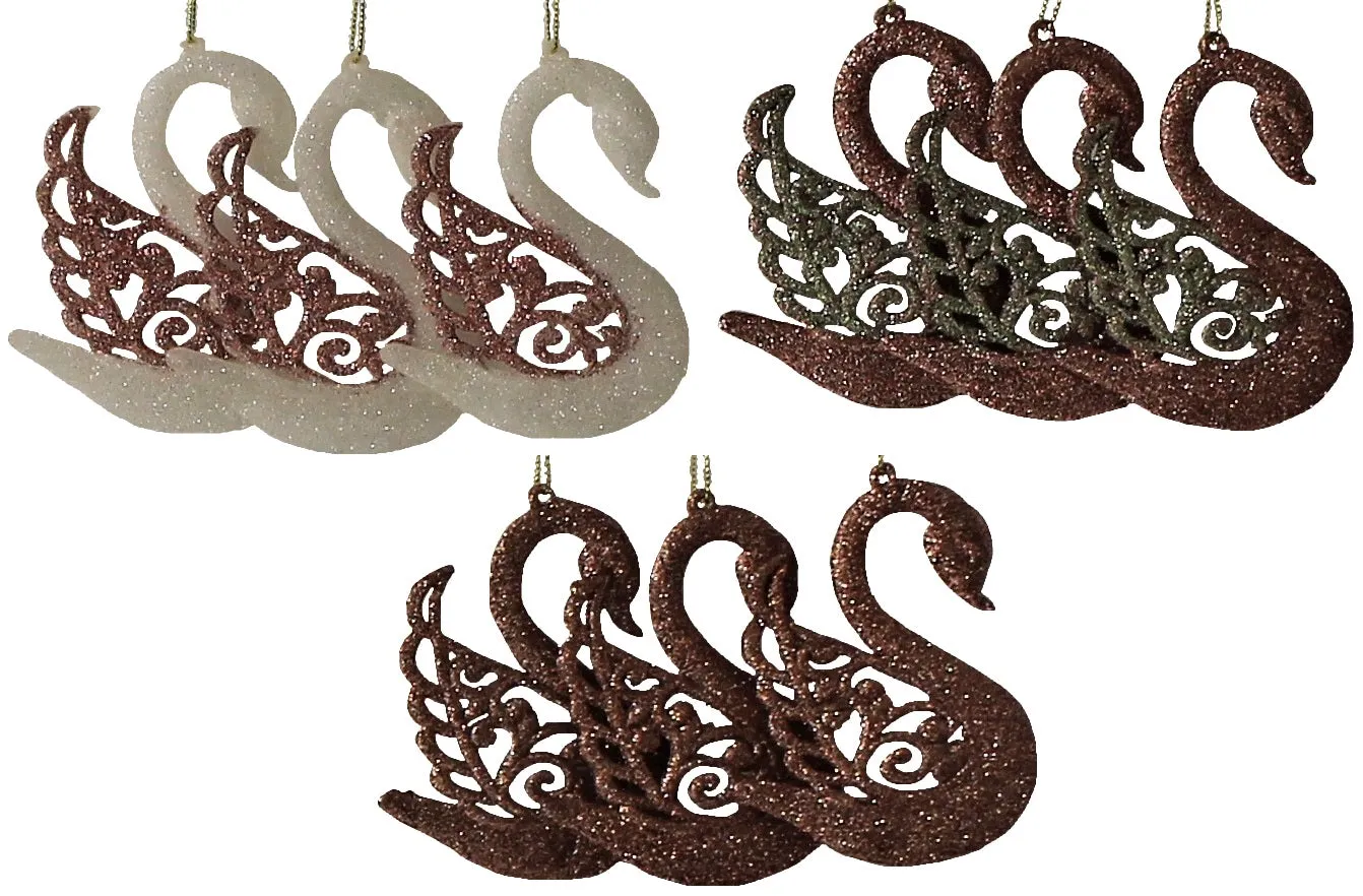 3-Pack of Rose Gold Glitter Swan Ornaments