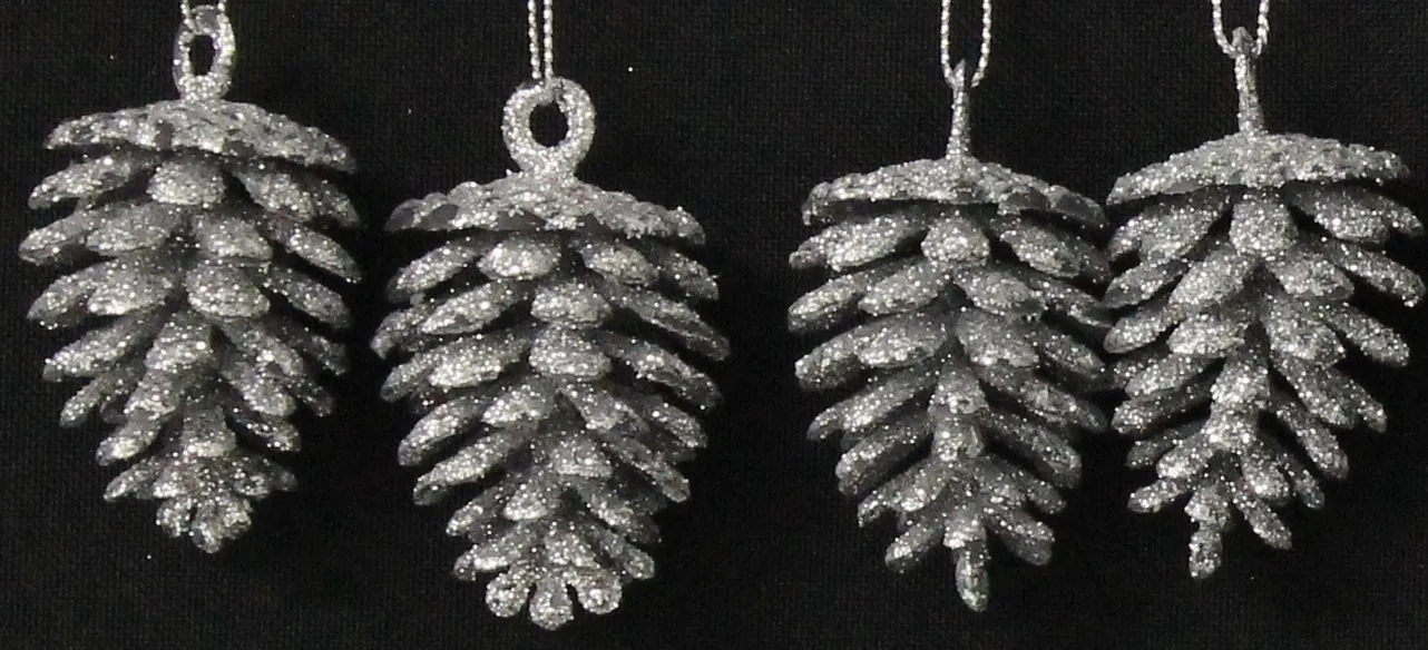 3-Pack/4-Pack of Glitter Pine Cone Ornaments (Silver/White)