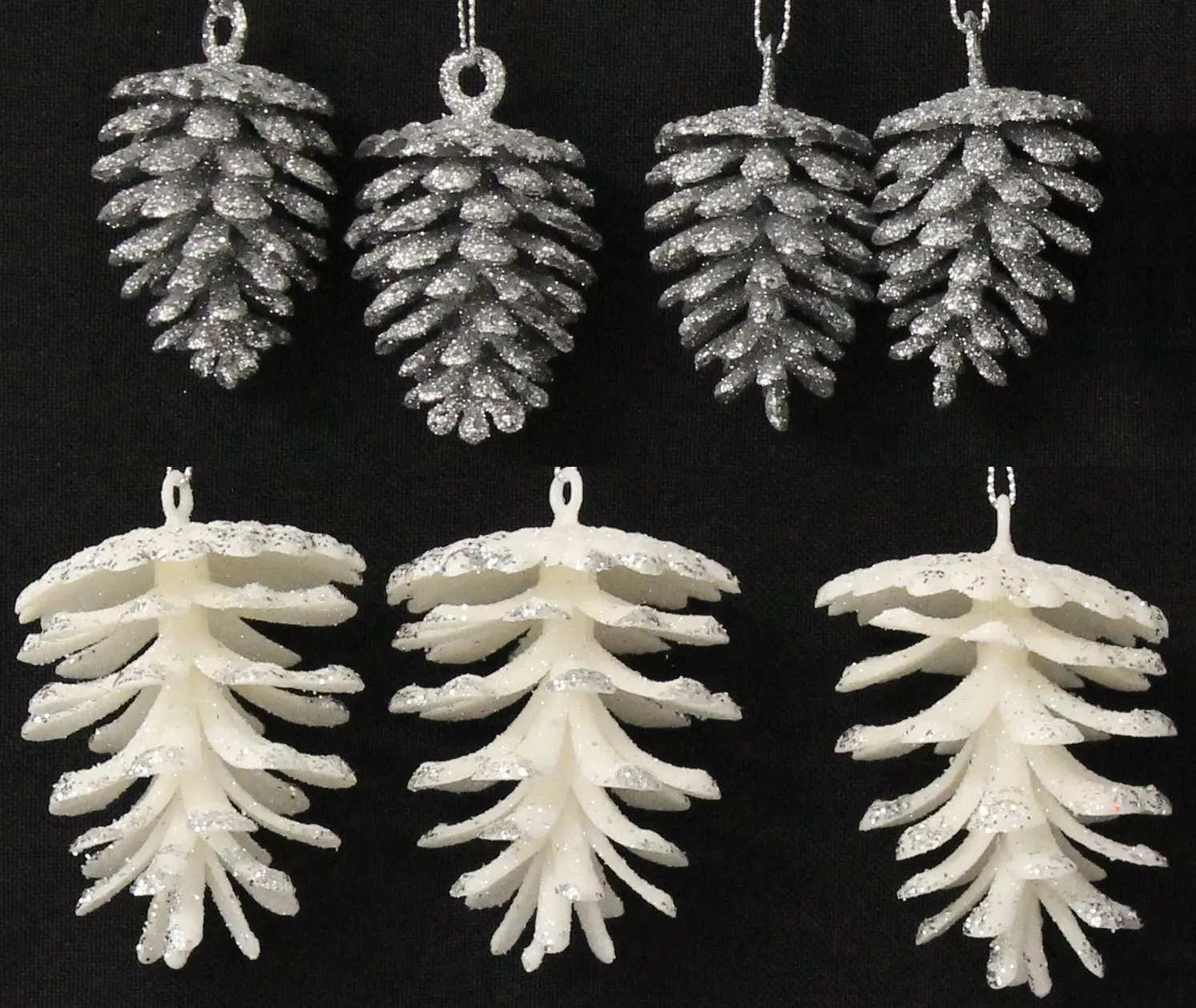 3-Pack/4-Pack of Glitter Pine Cone Ornaments (Silver/White)