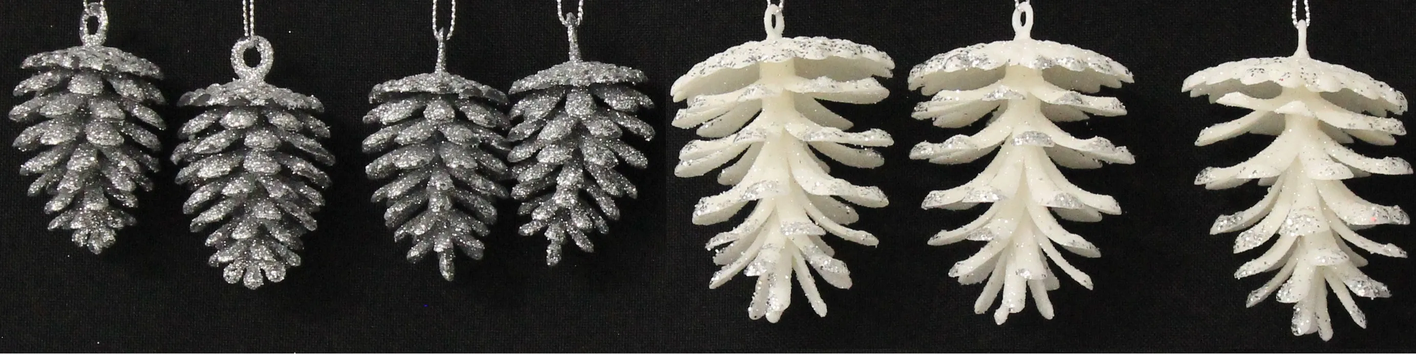 3-Pack/4-Pack of Glitter Pine Cone Ornaments (Silver/White)