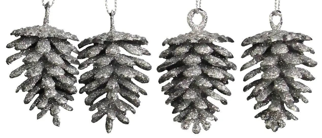 3-Pack/4-Pack of Glitter Pine Cone Ornaments (Silver/White)