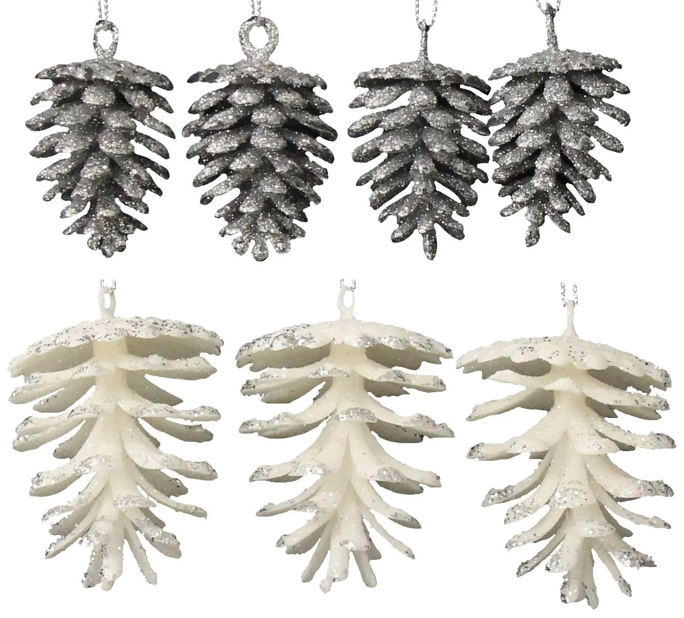 3-Pack/4-Pack of Glitter Pine Cone Ornaments (Silver/White)