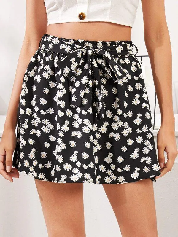 All Over Daisy Print Belted Skirt