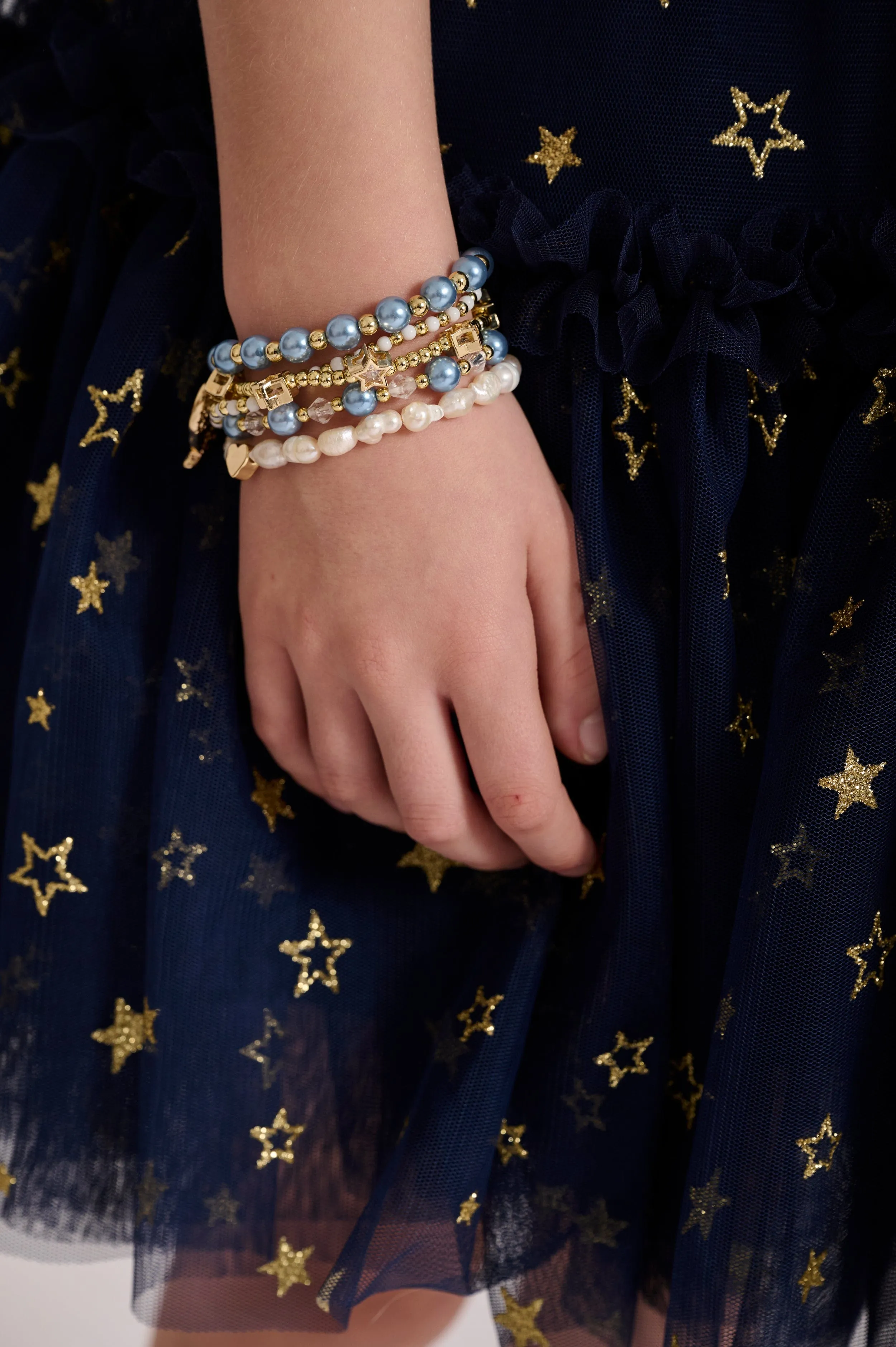 Angels Face Girls Pearl And Star Bracelet Set in Blue