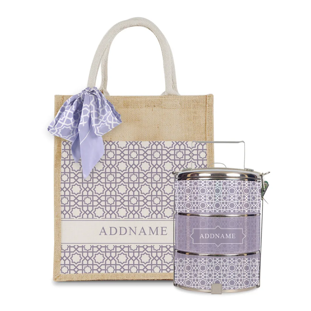 Annas Series - Pastel Purple Colorful Jute Bag with Front Pocket with Tiffin Carrier Set