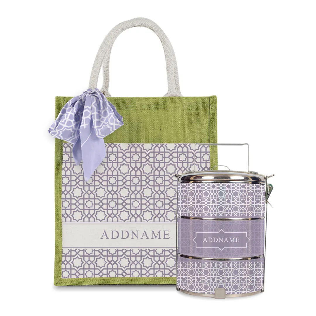 Annas Series - Pastel Purple Colorful Jute Bag with Front Pocket with Tiffin Carrier Set