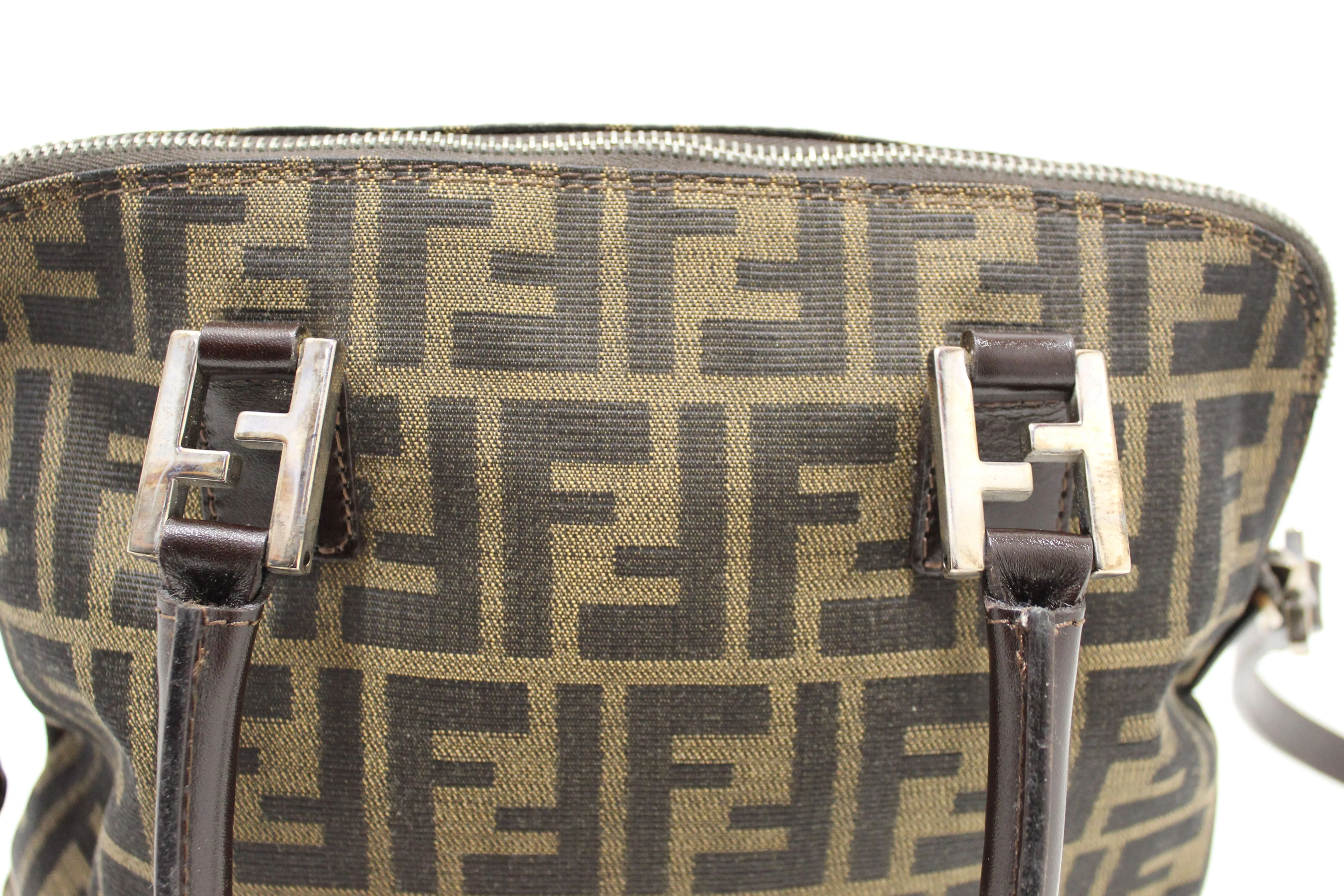 Authentic Fendi Tobacco Zucca Print Canvas Medium Dome Satchel Bag