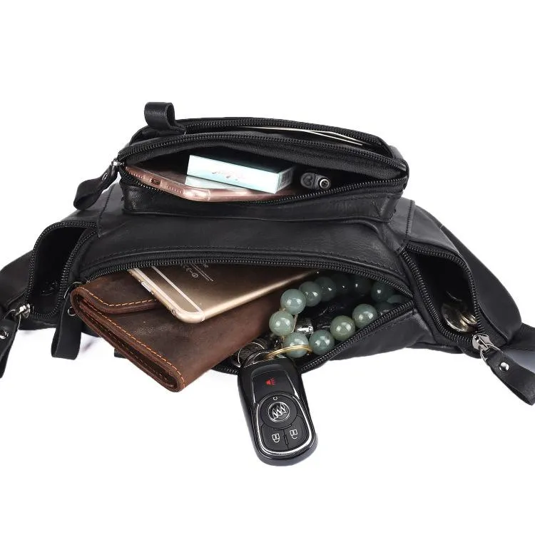 Badass Leather Fanny Pack Men's Black Chest Bag Hip Bag 8 inches Waist Bag For Men