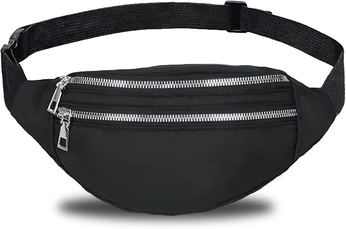 Black Bum Bag Fashion Waist Pack Bumbag for Women Men Lightweight Fanny Pack with 2 Zip Pockets & Adjustable Strap, Large Belt Bag for Dog Walking Running Hiking Jogging