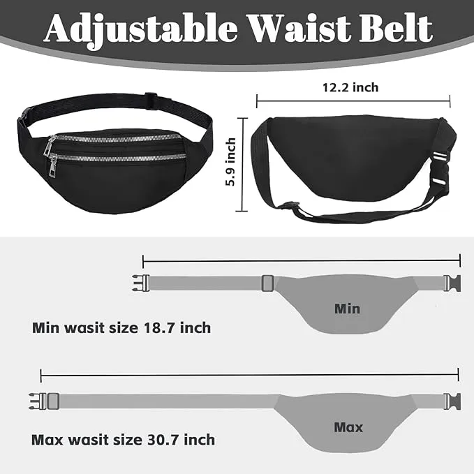 Black Bum Bag Fashion Waist Pack Bumbag for Women Men Lightweight Fanny Pack with 2 Zip Pockets & Adjustable Strap, Large Belt Bag for Dog Walking Running Hiking Jogging