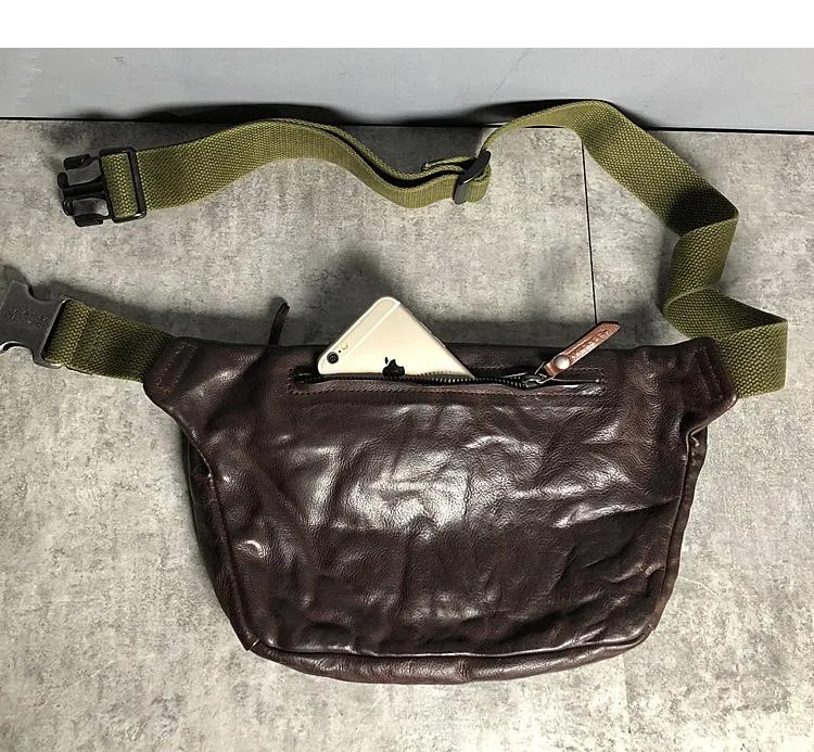 Black Cool Leather Men Fanny Pack Coffee Waist Bag Hip Pack Chest Bag Belt Bag Bumbag for Men