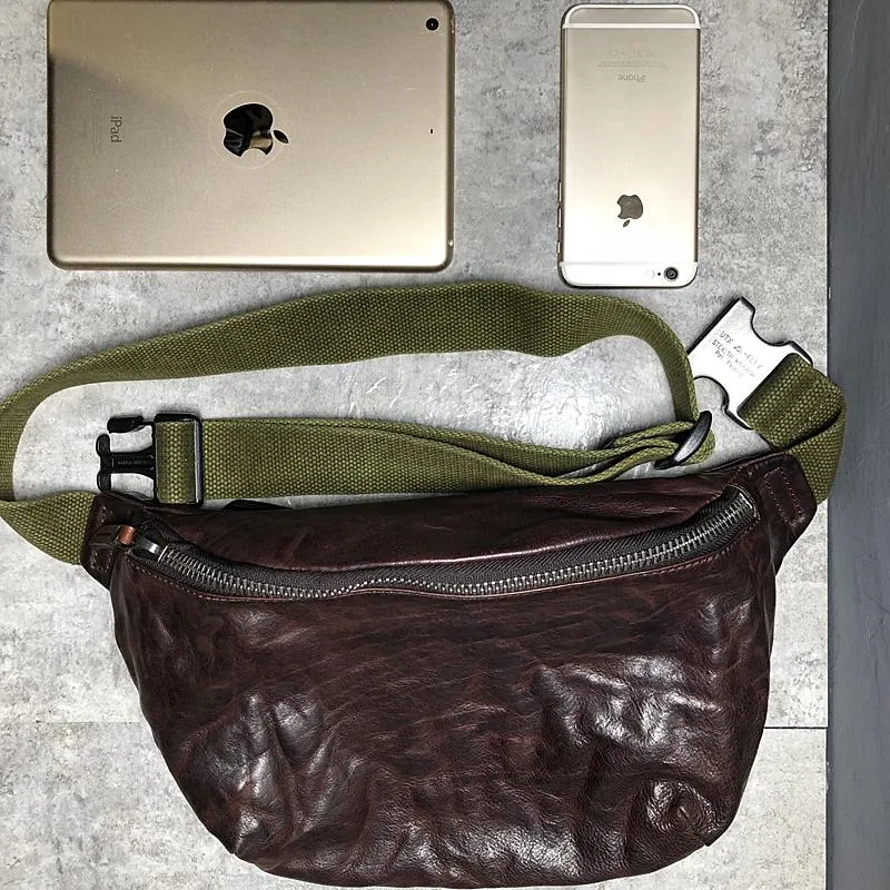 Black Cool Leather Men Fanny Pack Coffee Waist Bag Hip Pack Chest Bag Belt Bag Bumbag for Men