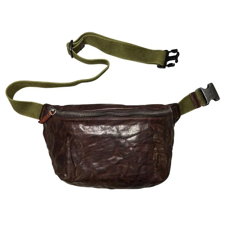 Black Cool Leather Men Fanny Pack Coffee Waist Bag Hip Pack Chest Bag Belt Bag Bumbag for Men