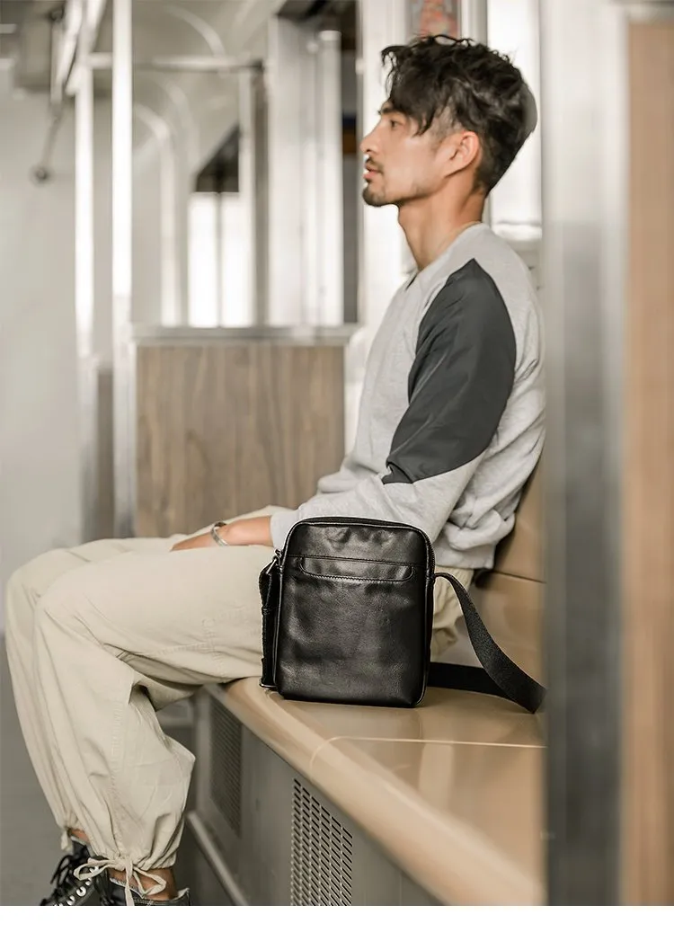 Black Cool Leather Mens Vertical Mini Courier Bag Postman Bag Black Messenger Bags Side Bag for Men