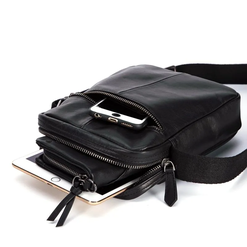 Black Cool Leather Mens Vertical Mini Courier Bag Postman Bag Black Messenger Bags Side Bag for Men