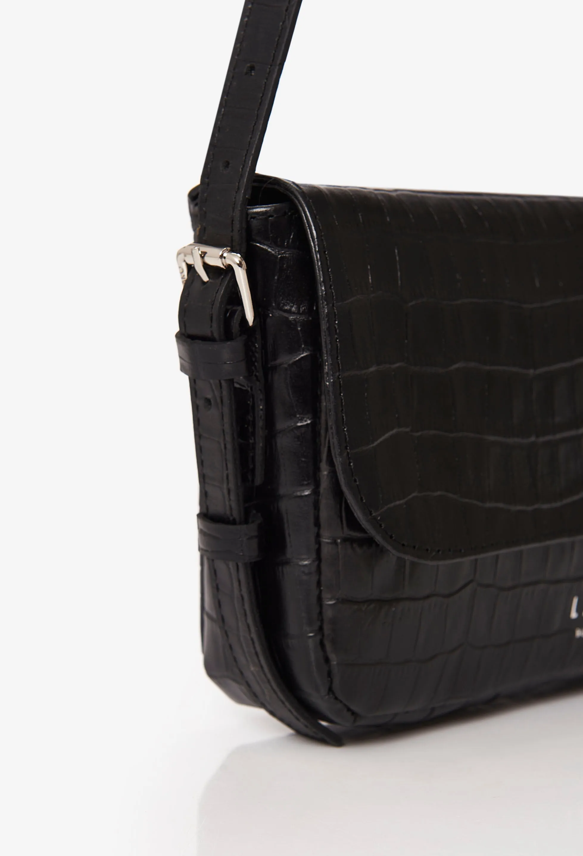 Black Croco Leather Shoulder Flap Bag 'Gwen'