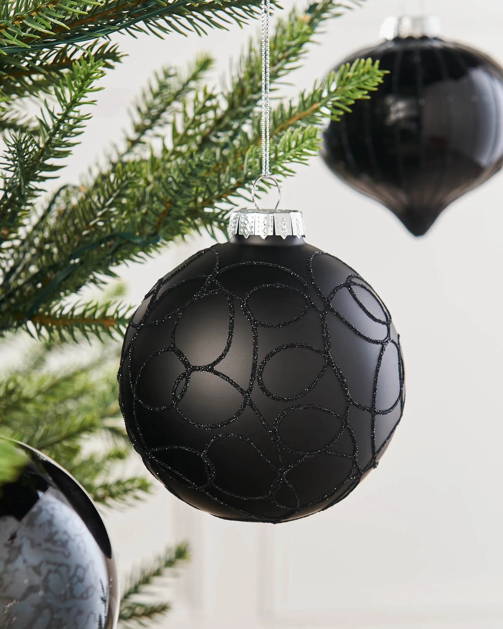 Black Glass Baubles, 6 Pack, 10 cm