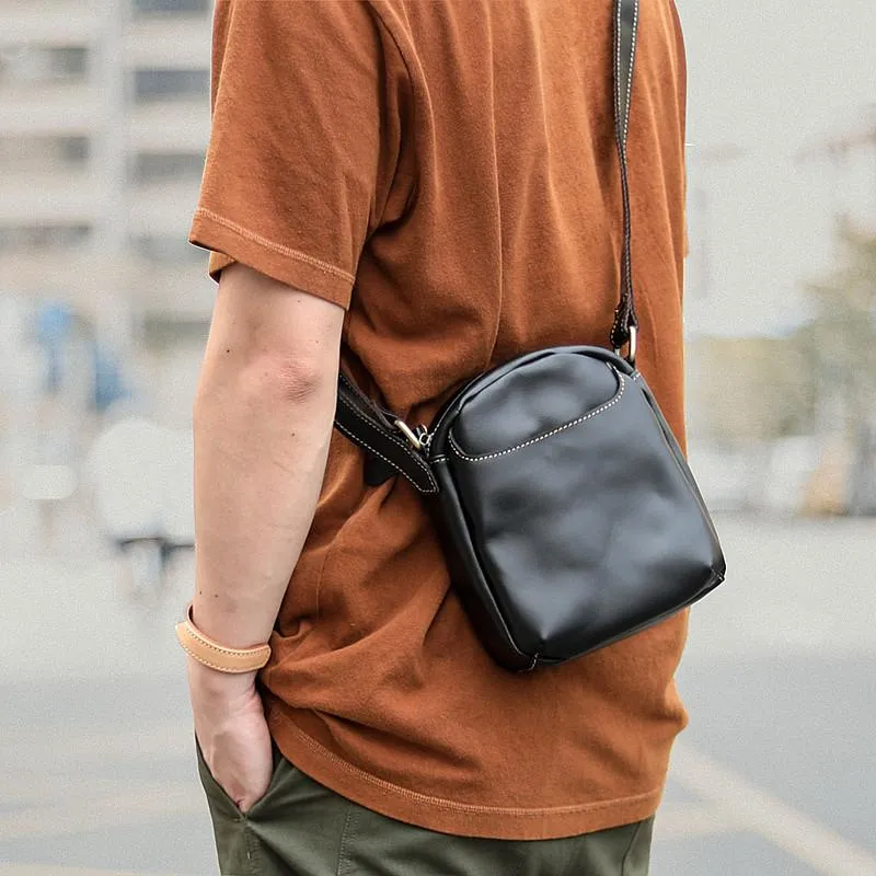 Black Leather Mens Casual Mini Phone Bags Messenger Bags Amber Postman Bag For Men