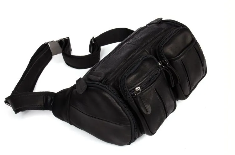 Black Leather Mens Cool Barrel Waist Bag Fanny Pack Hip Pack Cool Bum Bag for men