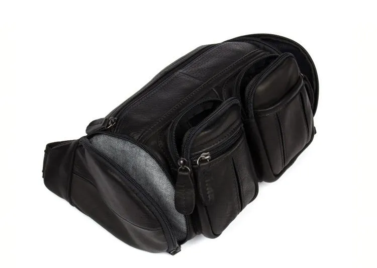 Black Leather Mens Cool Barrel Waist Bag Fanny Pack Hip Pack Cool Bum Bag for men