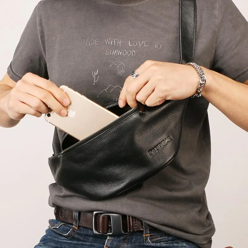 Black Leather Mens FANNY PACK MENS WAIST BAG Black HIP PACK BELT BAG FOR MEN