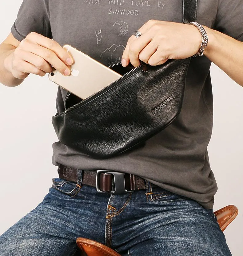 Black Leather Mens FANNY PACK MENS WAIST BAG Black HIP PACK BELT BAG FOR MEN