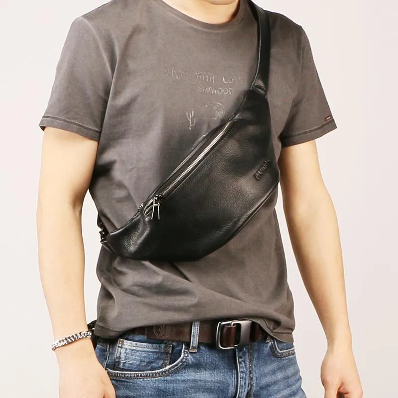 Black Leather Mens FANNY PACK MENS WAIST BAG Black HIP PACK BELT BAG FOR MEN