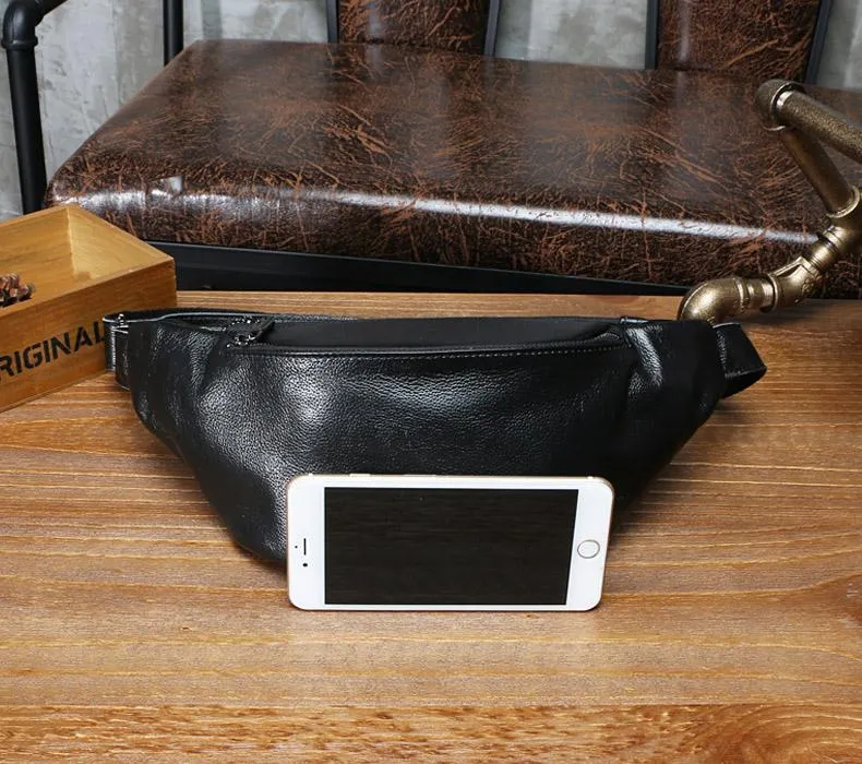 Black Leather Mens FANNY PACK MENS WAIST BAG Black HIP PACK BELT BAG FOR MEN