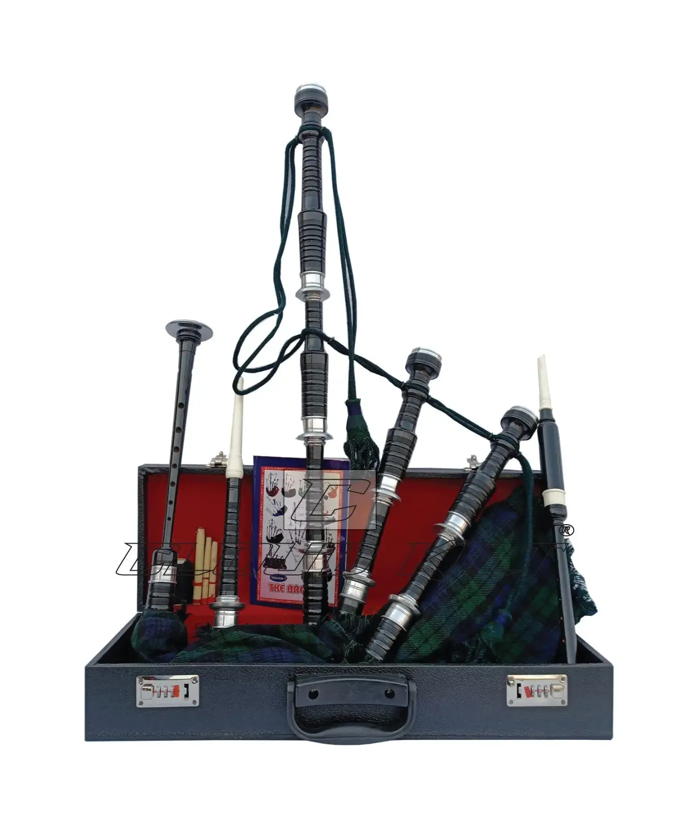 Black Watch Tartan Black With Silver Finish Bagpipe Set With Hard Case