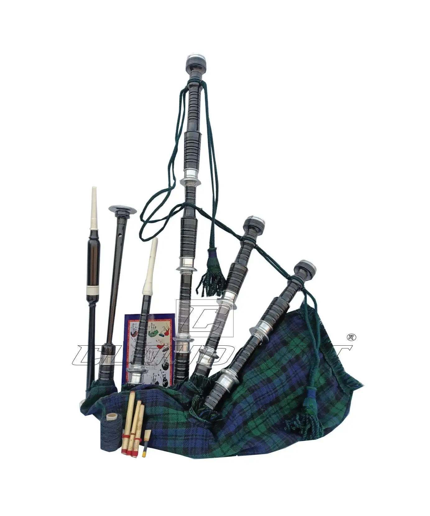 Black Watch Tartan Black With Silver Finish Bagpipe Set With Hard Case