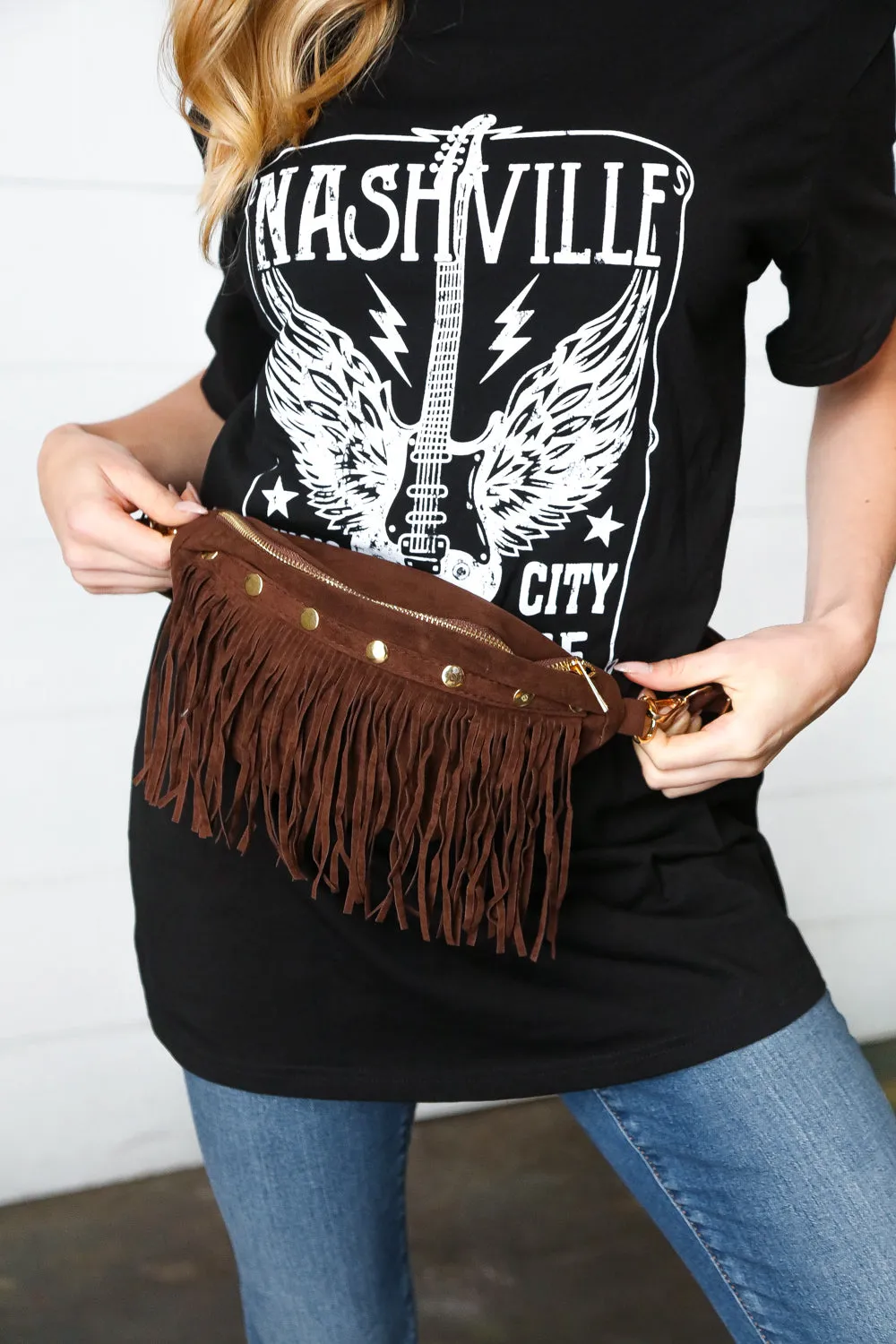 Brown Faux Suede Fringe Convertible Fanny/Sling Bag