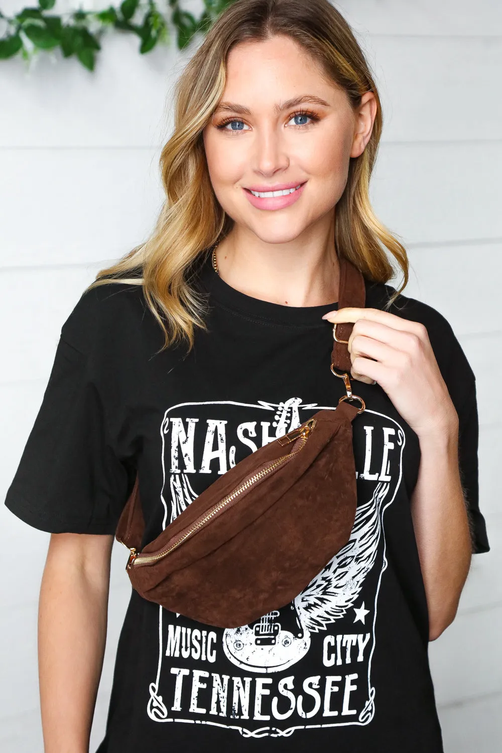 Brown Faux Suede Fringe Convertible Fanny/Sling Bag