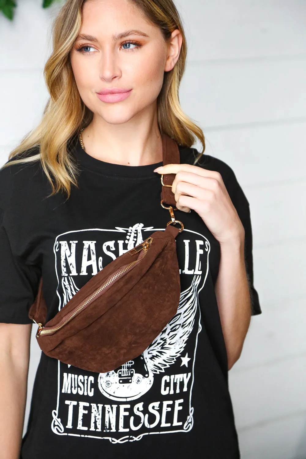 Brown Faux Suede Fringe Convertible Fanny/Sling Bag