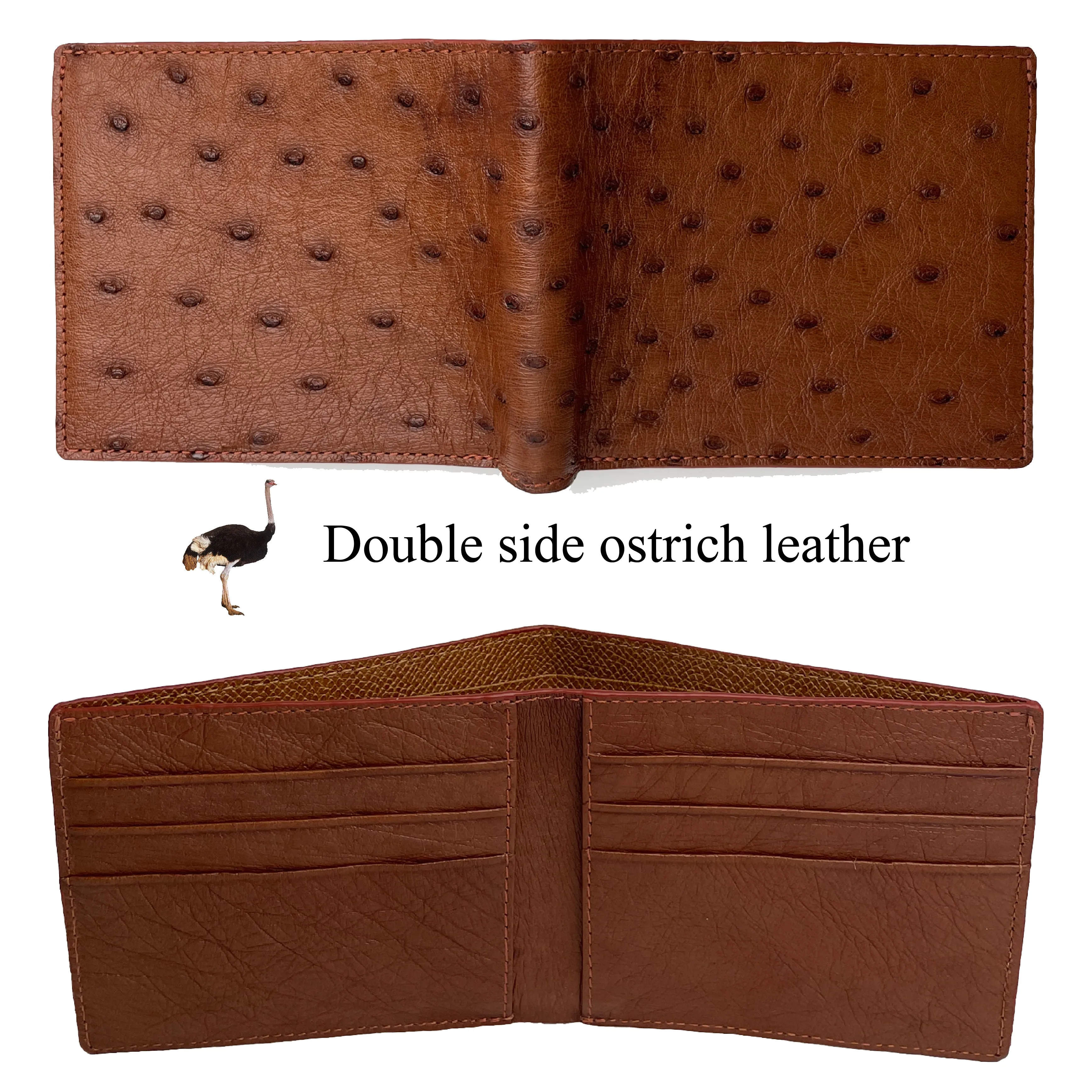 Brown Handmade Double Side Ostrich Leather Bifold Wallet for Men | VINAMOS-06