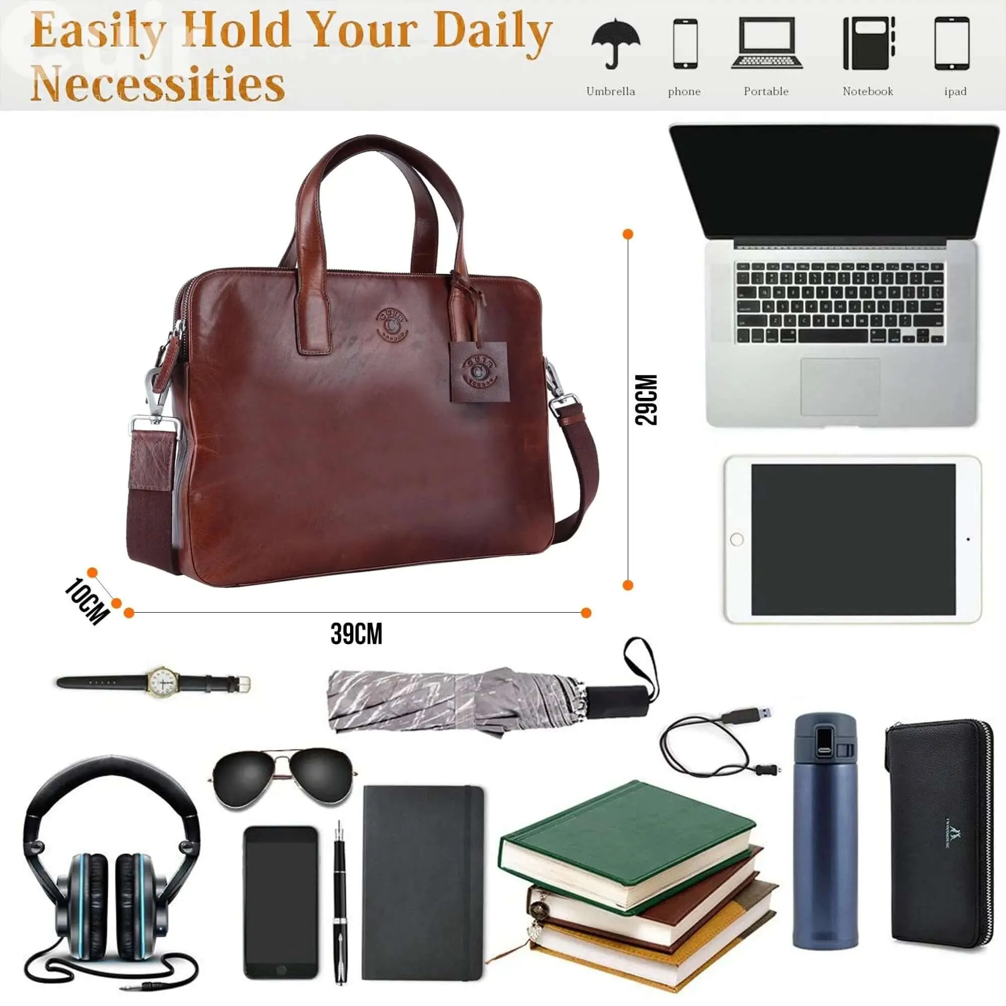 Brown Leather Laptop Bag: 31 x 38 x 5.5 cm Dimensions