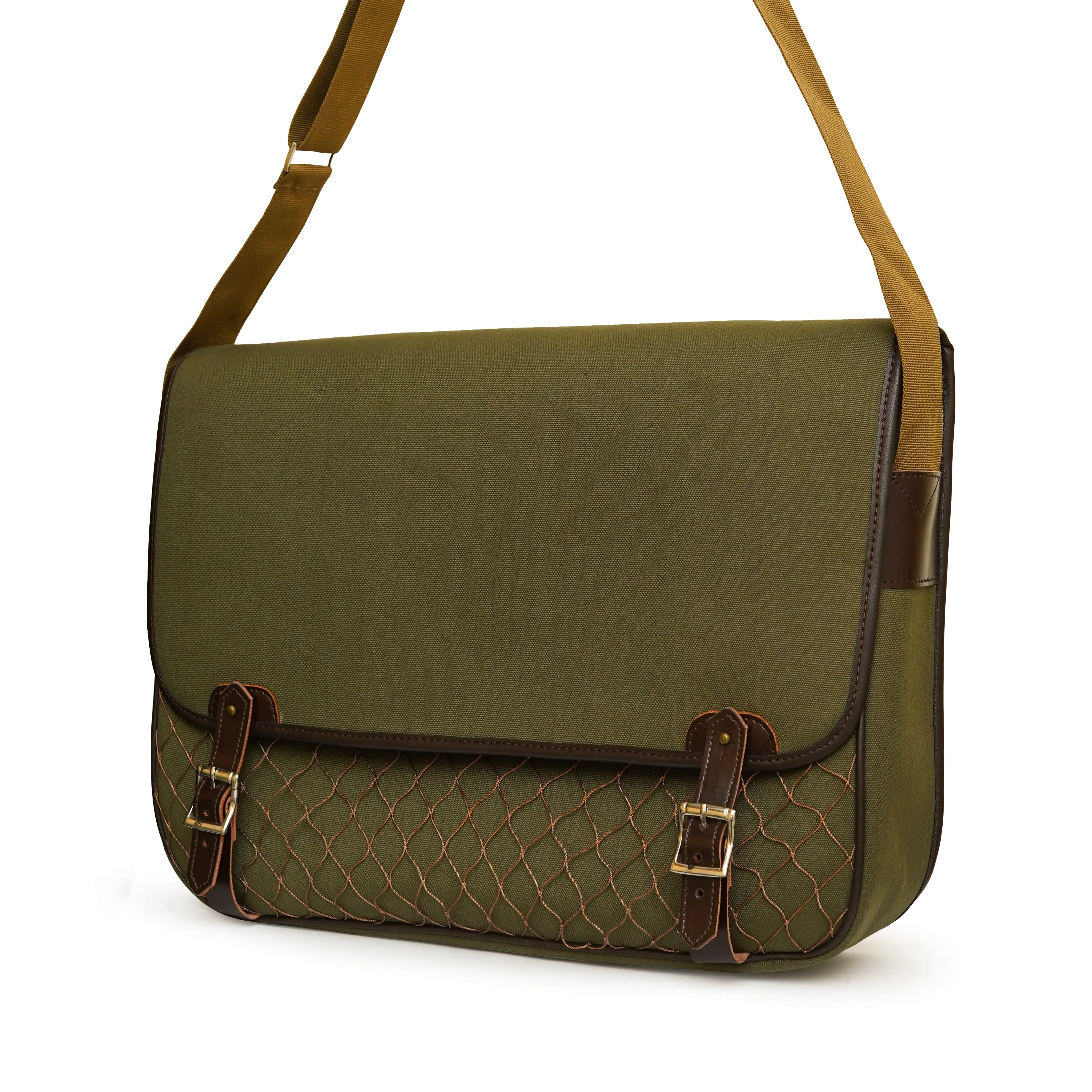 Canvas Leather Satchel Bag with Fishnet Game Pocket