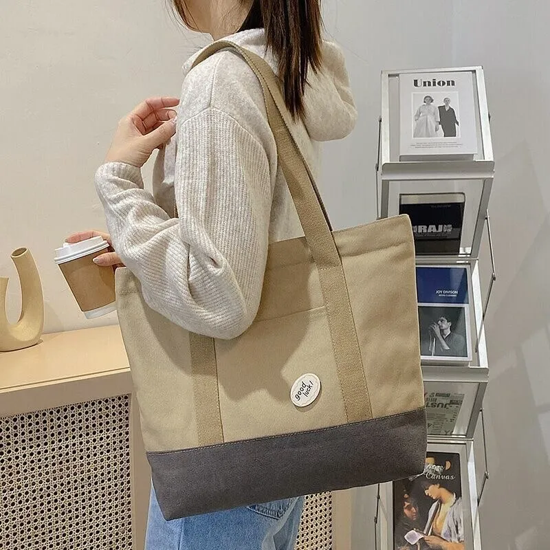 Canvas Tote Bag Women Fashion Trend Roomy Zipper Shopping Carry Beach Bag Female Casual Handbag Daily Eco Shopping Bag