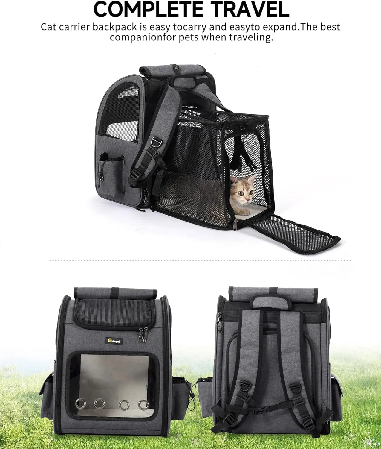 Cat Backpack Carrier, Small and Medium Dogs and Cats Bags,Expandable Pet Carrier Backpack,Airline Approved,Suitable for Hiking/Travel/Camping, Etc, Foldable, Easy to Carry (Grey-02)