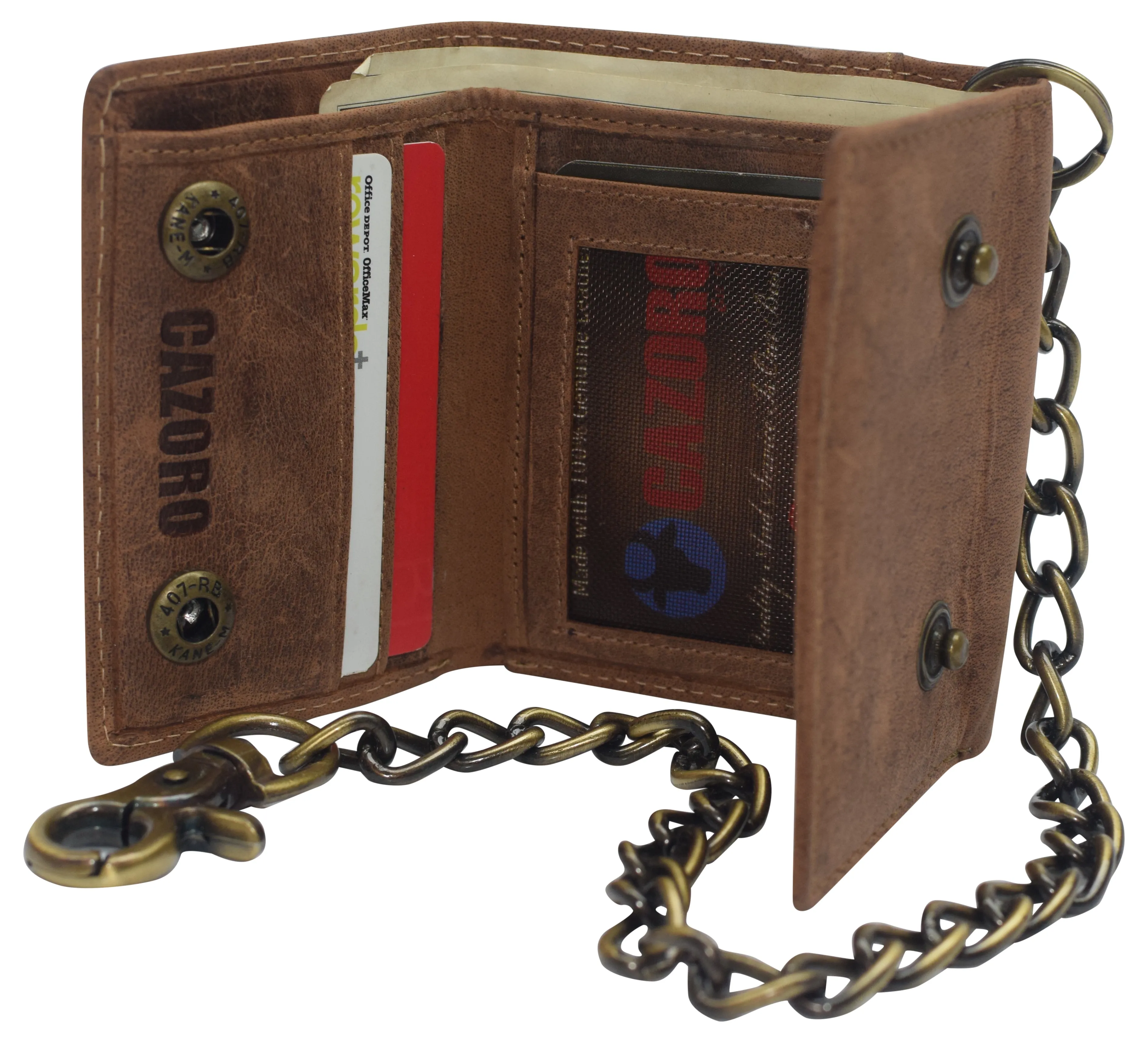 Cazoro Crazy Horse Leather RFID Trifold Chain Wallet Men's