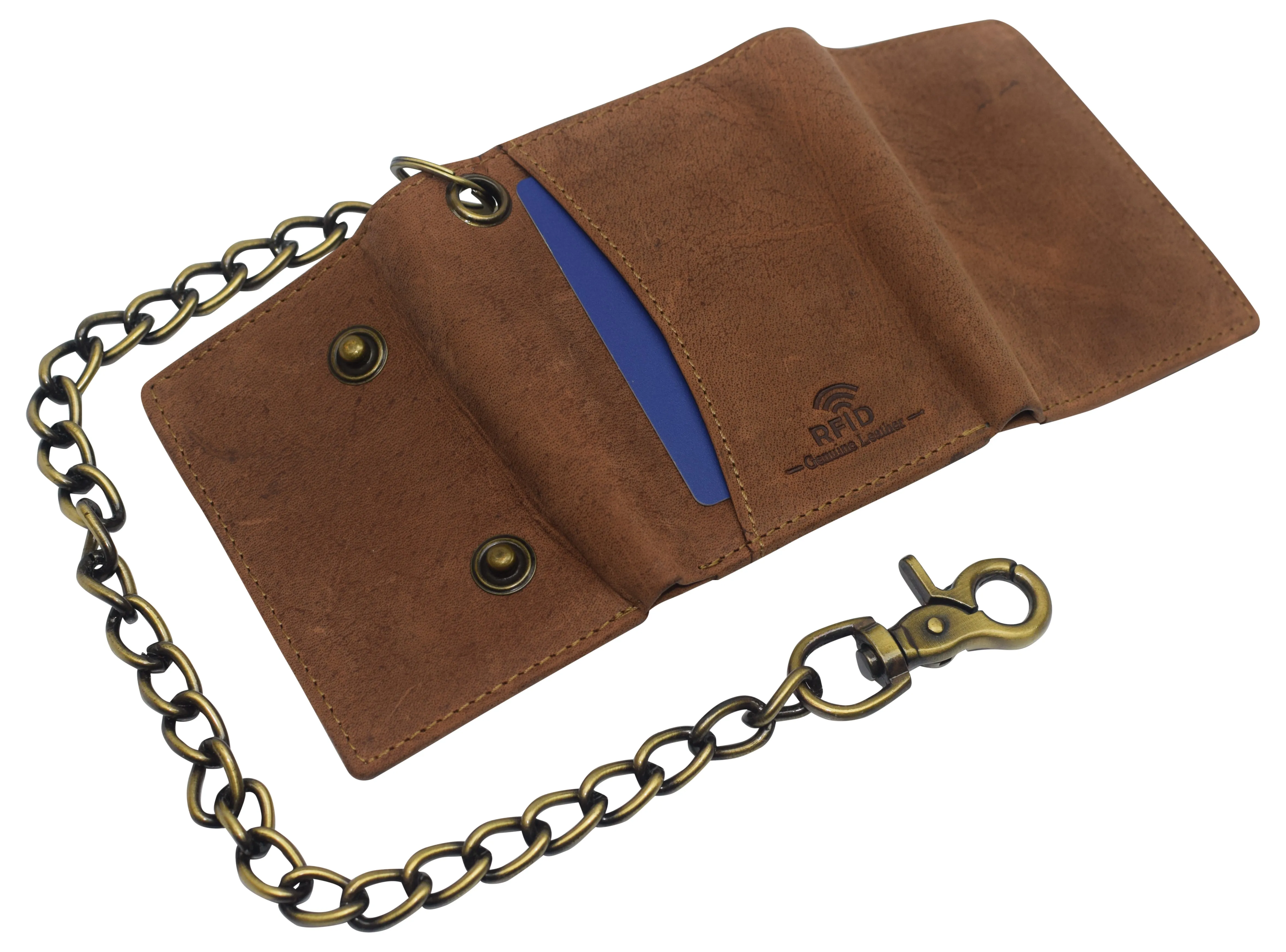 Cazoro Crazy Horse Leather RFID Trifold Chain Wallet Men's