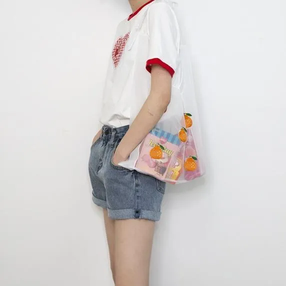 Cute Embroidered Fruits Mesh Shopping Thin Tote Bag