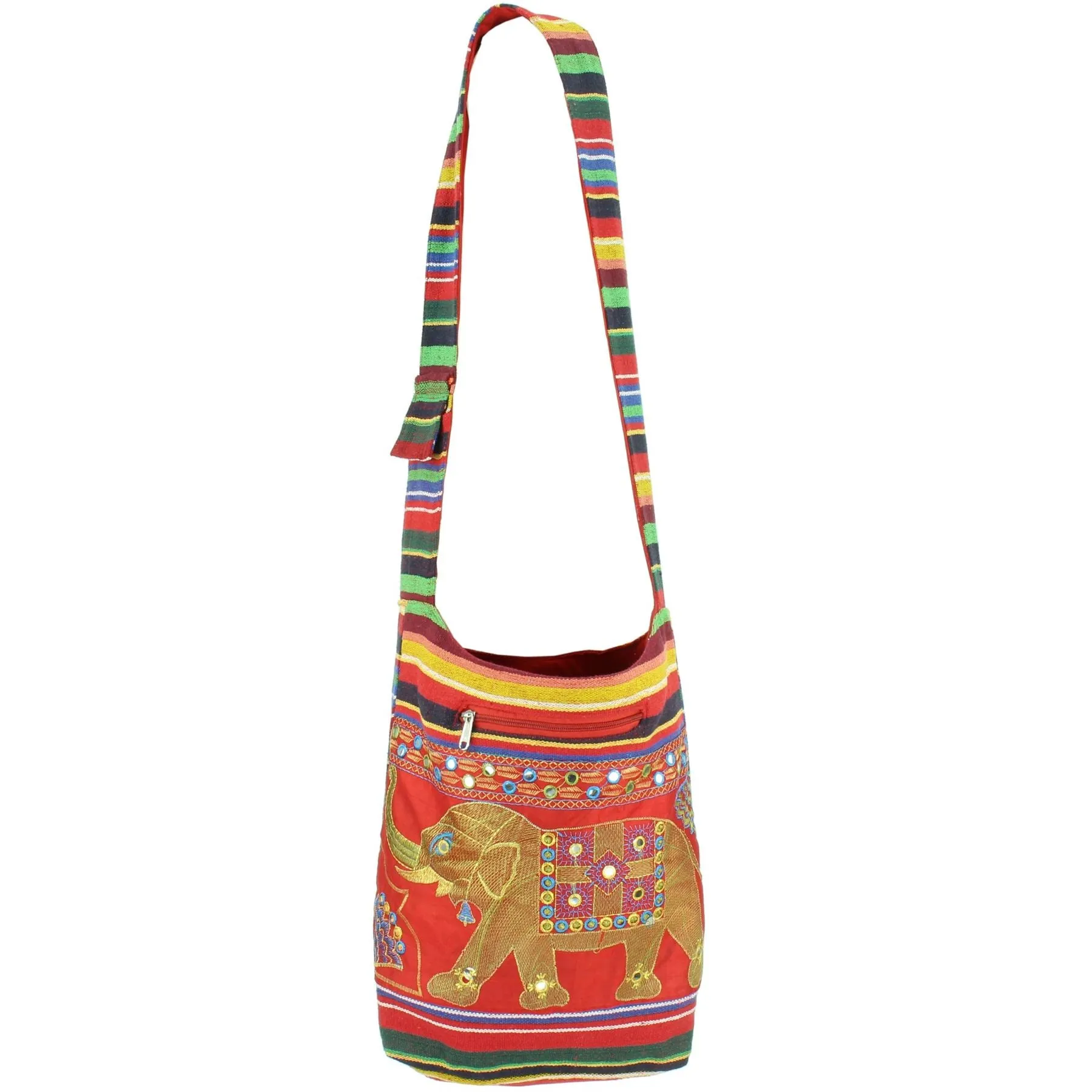 Embroidered Elephant Canvas Sling Shoulder Bag - Red