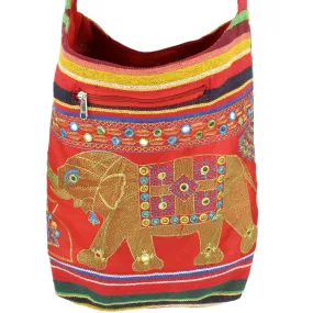 Embroidered Elephant Canvas Sling Shoulder Bag - Red