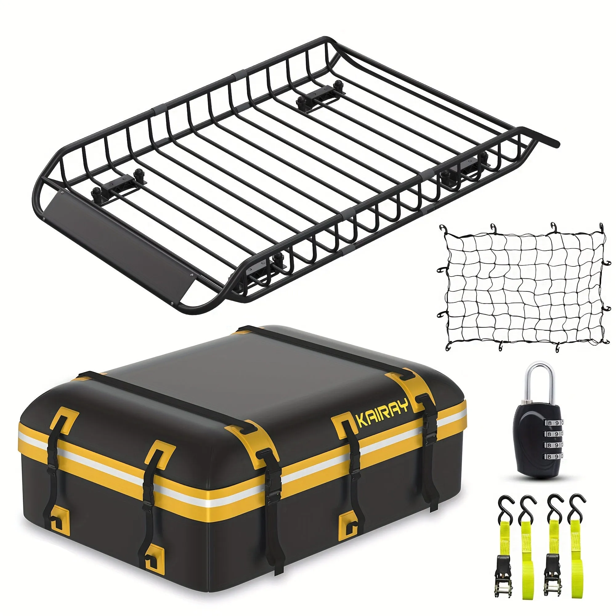 Extendable Roof Rack Cargo Basket for SUVs/Trucks with Waterproof Bag & Ratchet Straps