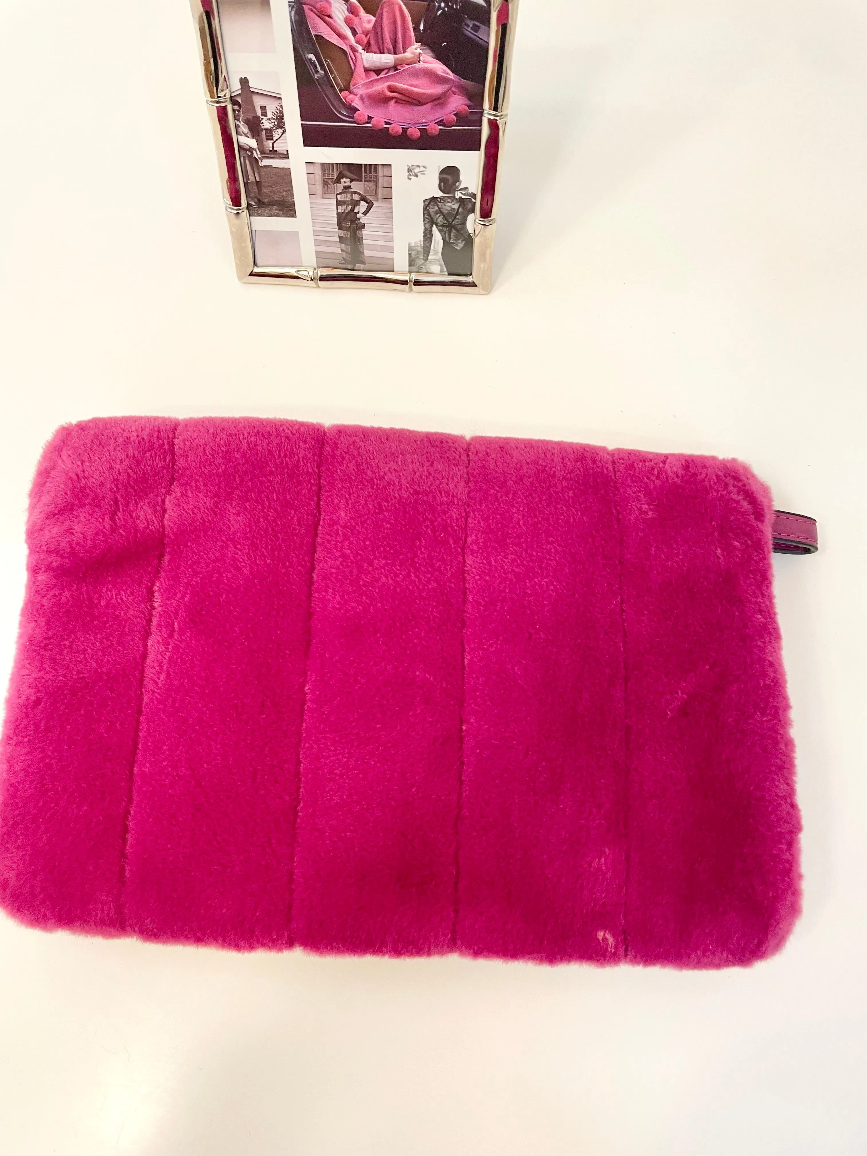 Flirty gal magenta soft and rich faux fur clutch bag adorned with rhinestones..so stunning