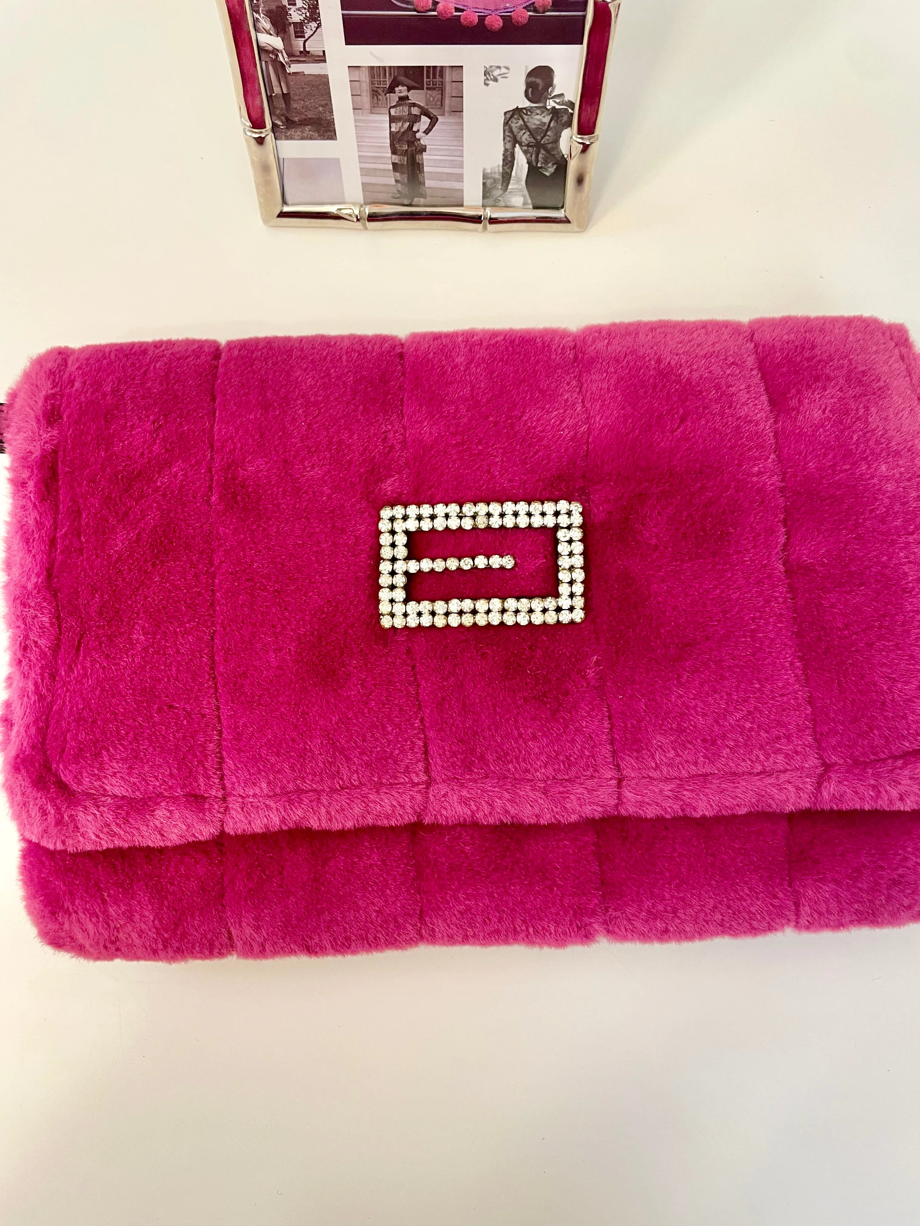 Flirty gal magenta soft and rich faux fur clutch bag adorned with rhinestones..so stunning